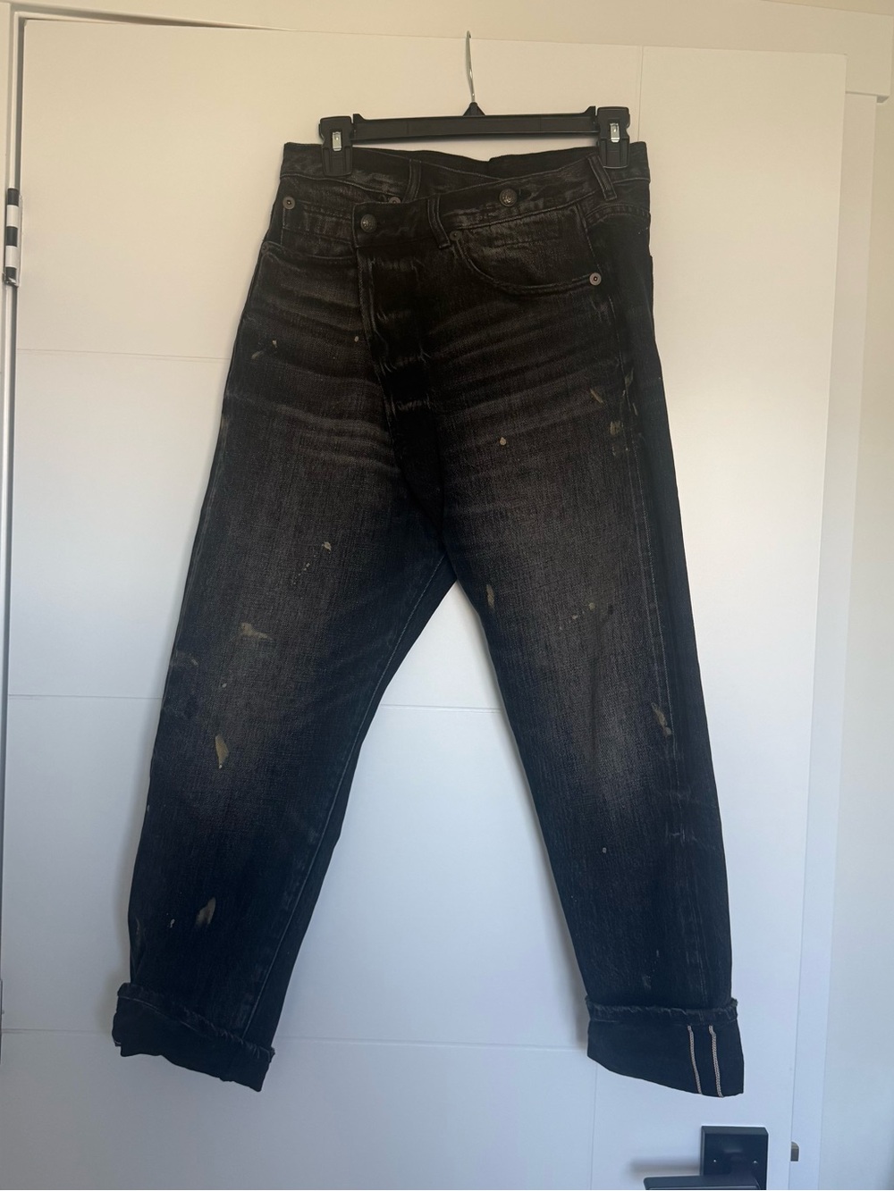 R13 Women's Black Crossover Distressed Jeans with Paint Accents